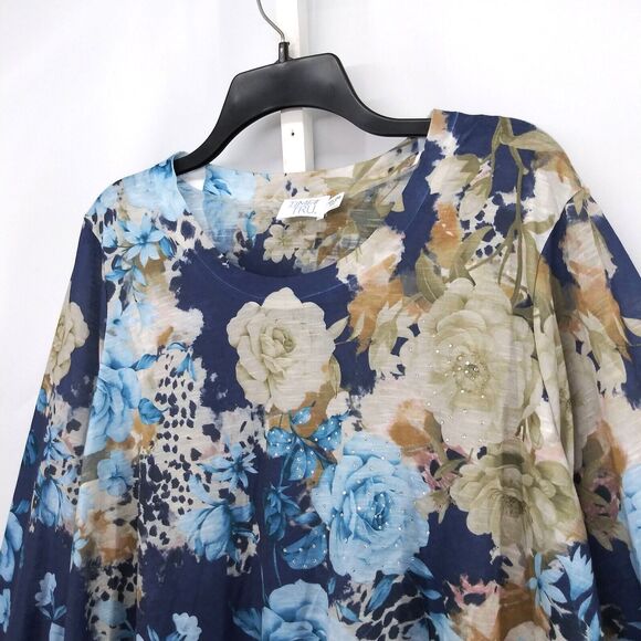 Time and Tru Shirt Womens Size XXL Blue Floral Beaded Long Sleeve Pullover Top - Picture 2 of 9